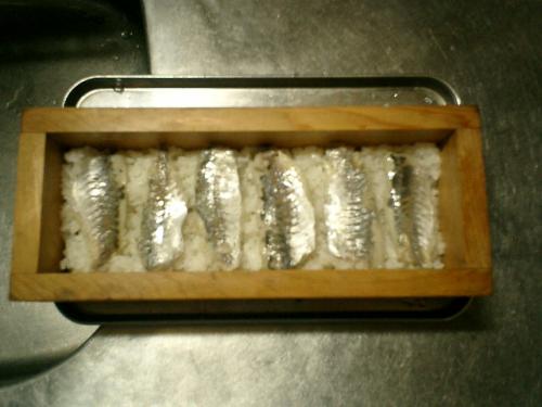 02) 予め作っておいた、寿司酢に浸けた鯵を載せた。